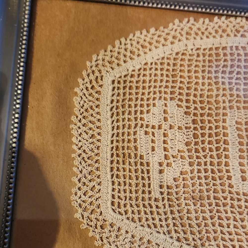 Filet Crochet Lace Doily W/ word "CAKE" Art w/Silver Frame VTG Celebration Party - Picture 2 of 9